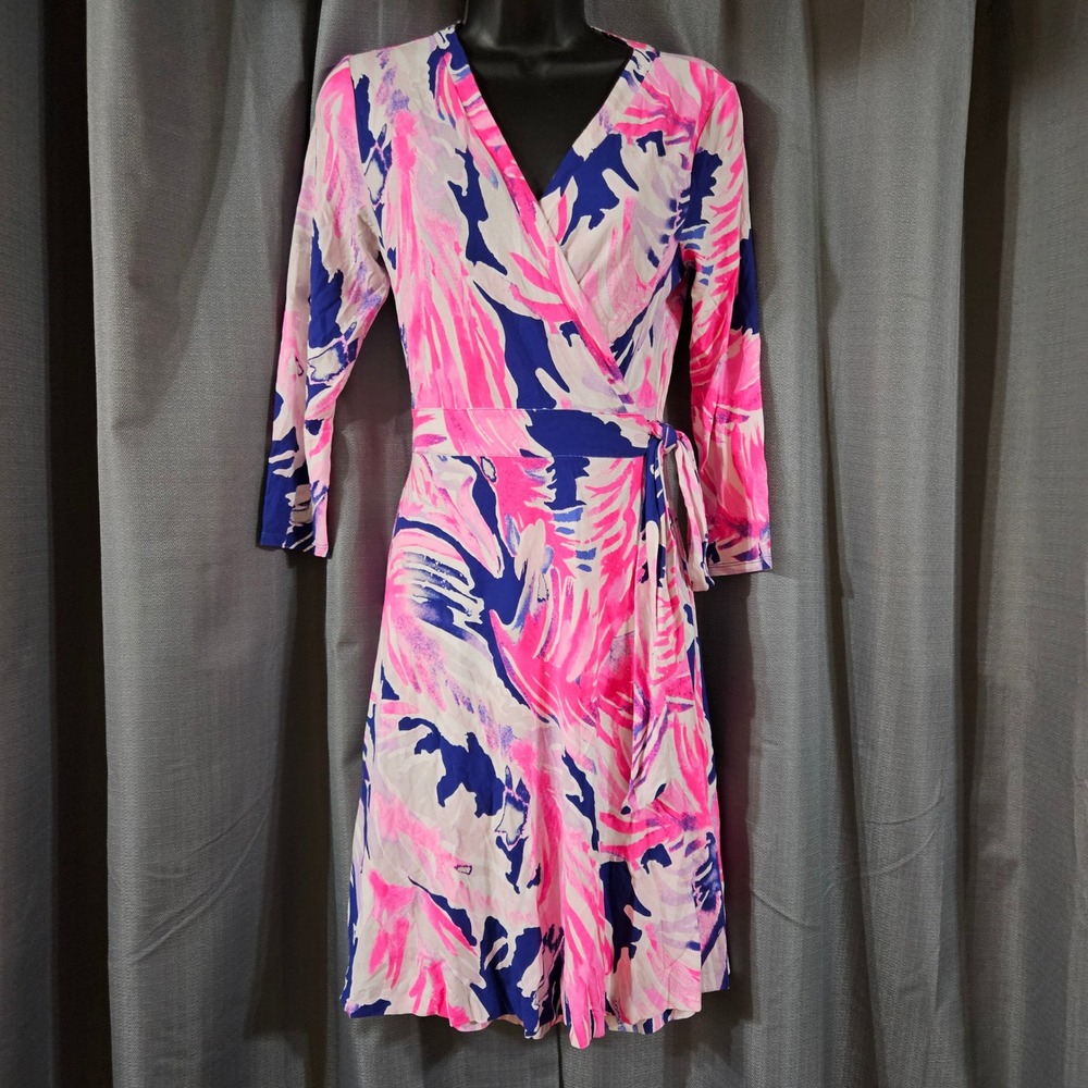 Lilly Pulitzer Womens Small Pink Navy Blue Floral Long Sleeve Wrap Dress